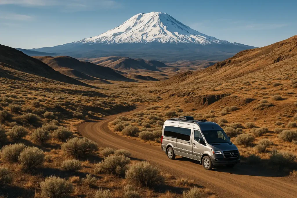 High desert landscape of Yakima Valley, sagebrush and volcanic soil, snow-capped Mount Adams