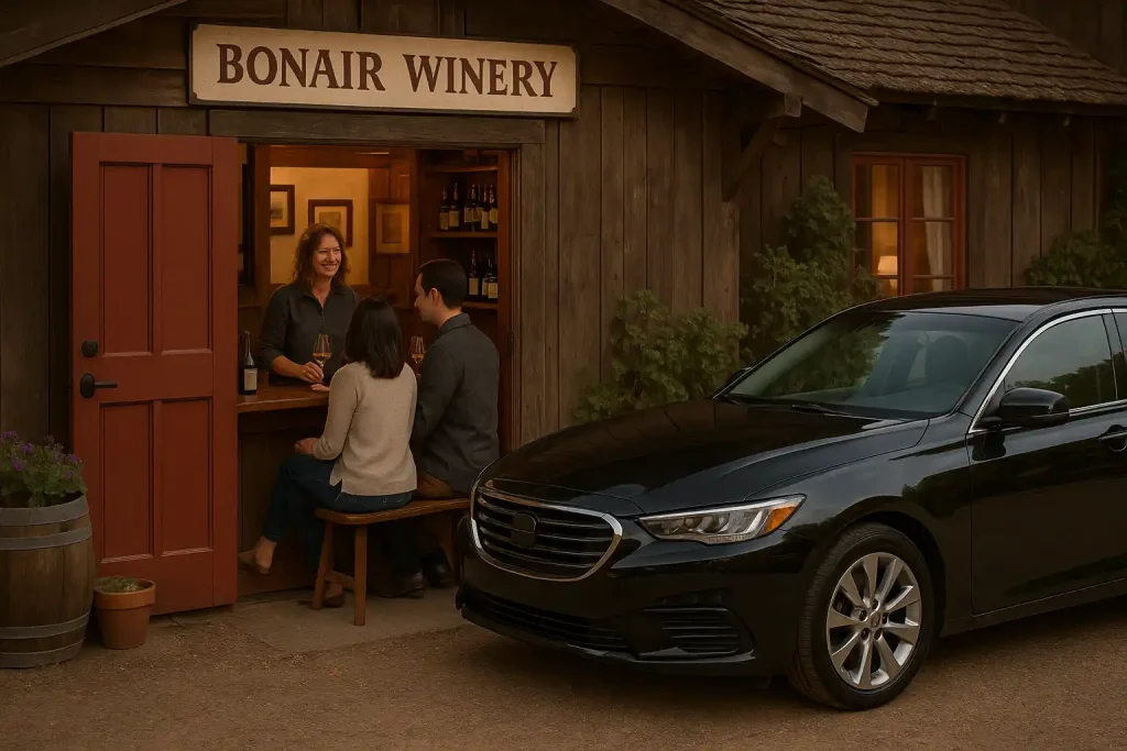 Small family-owned Bonair Winery, intimate tasting room, luxury sedan service for couples
