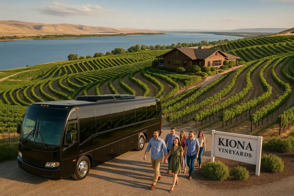 Kiona Vineyards overlooking Columbia River, terraced vineyard slopes, luxury party bus arriving for group