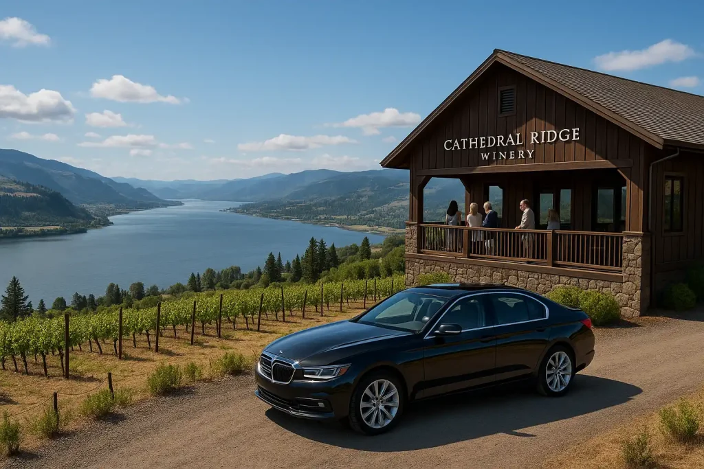 Cathedral Ridge Winery perched above Columbia River, sweeping river valley views, luxury sedan arriving at elevated tasting room, passengers admiring panoramic vistas, cool-climate vineyard setting