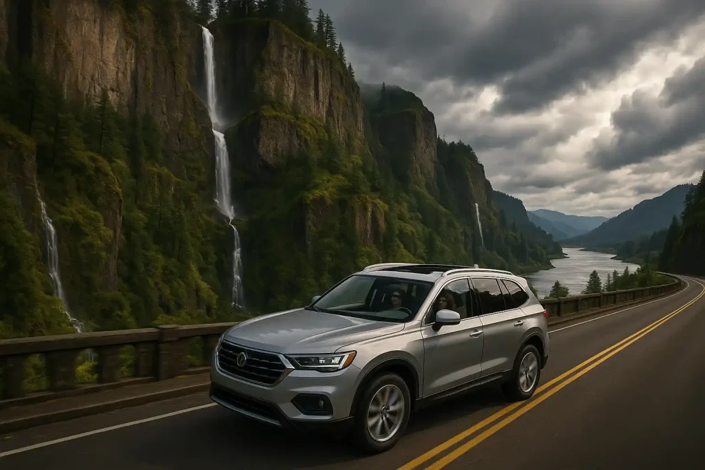 Dramatic Columbia River Gorge landscape, towering cliff faces, waterfalls cascading down rock walls