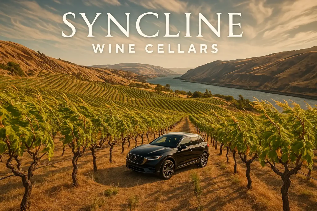 Syncline Wine Cellars vineyard on Columbia Gorge slopes, wind-swept vines, unique microclimate conditions, sustainable farming practices, luxury vehicle parked among vineyard rows, terroir-driven winemaking environment