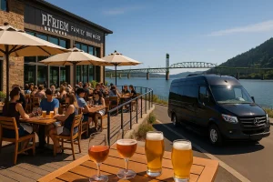 Columbia River waterfront at Pfriem Family Brewers, outdoor patio dining, craft beer and wine tasting, luxury transportation for brewery tour, river views, Hood River bridge in background