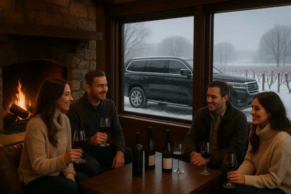 Cozy winter wine tastings, fireplace tasting rooms, smaller intimate groups, luxury heated vehicle comfort, snow-dusted vineyard dormancy, peaceful winter wine country solitude