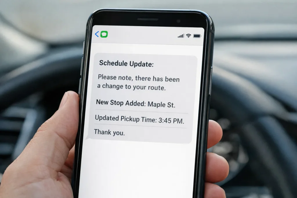 Phone showing a last-minute schedule change for an Everett stop