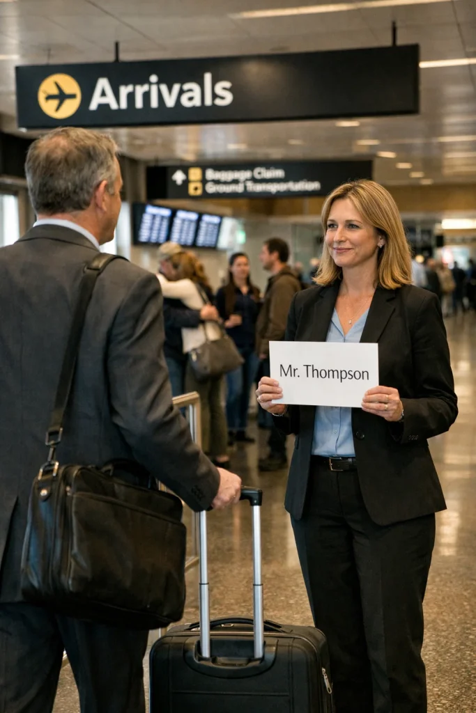 Smooth airport pickup workflow at Sea-Tac arrivals with meet-and-greet sign