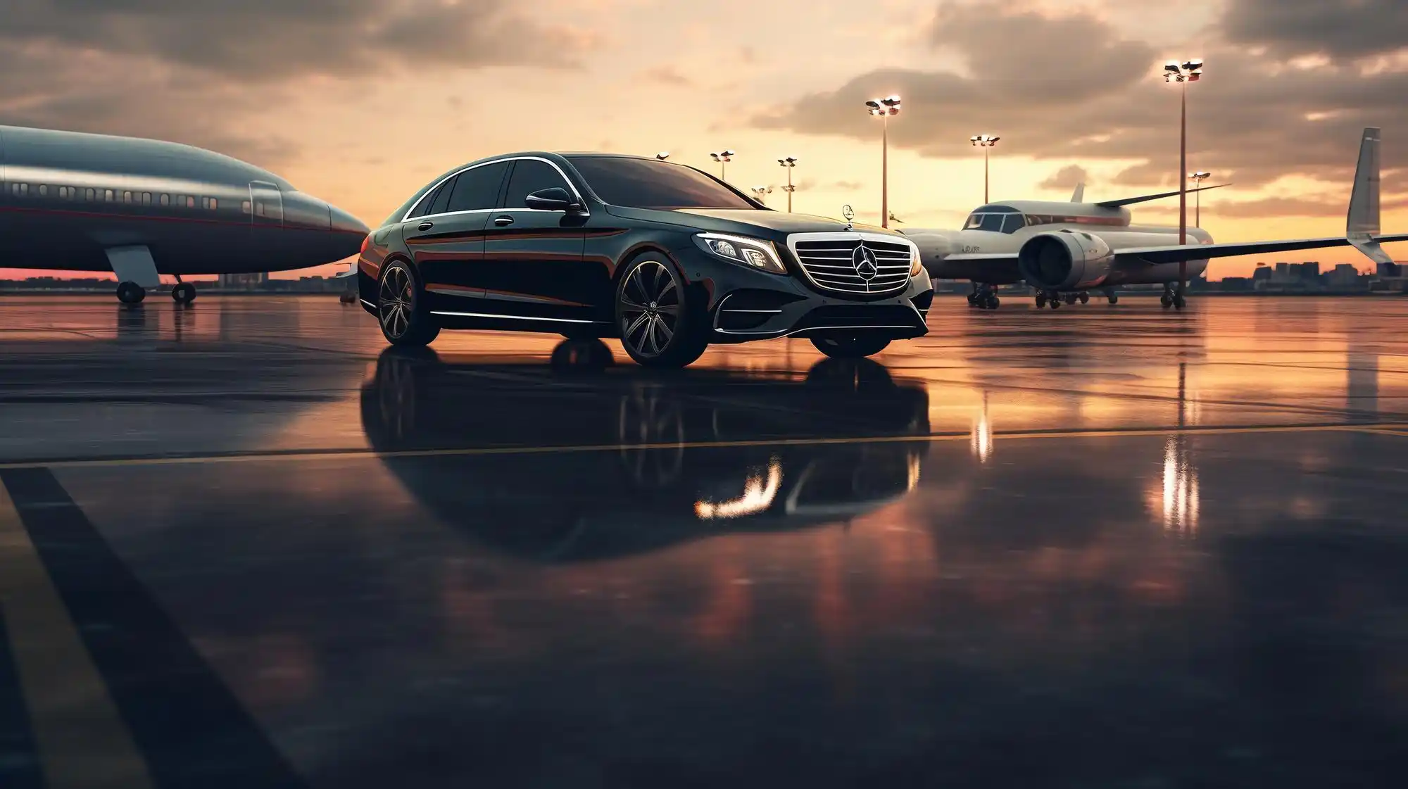 black luxury sedan and executive SUV parked on a clean private aviation ramp at Boeing Field in Seattle, with a sleek business jet and FBO terminal in the background during earl...