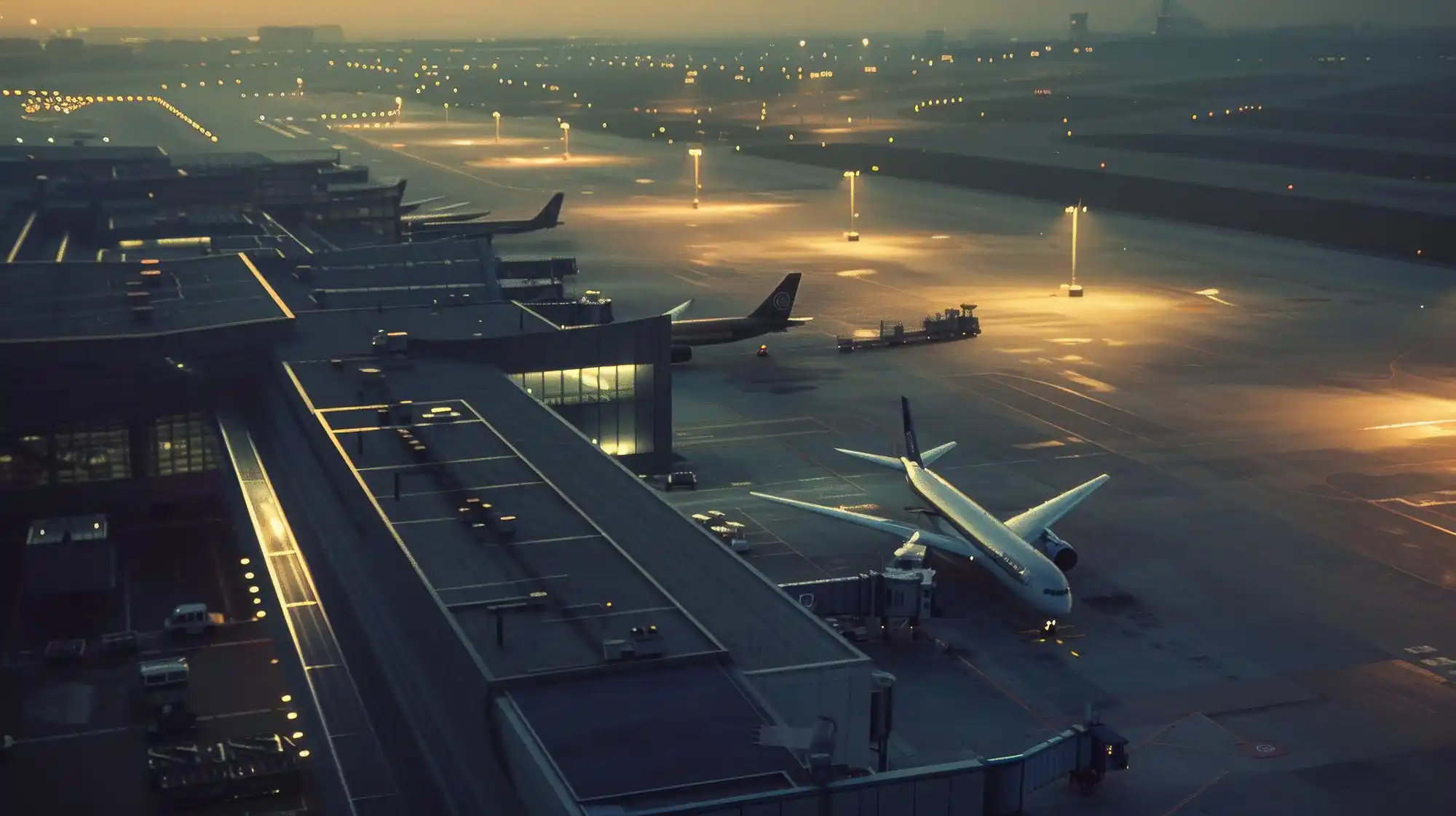 aerial view of SeaTac Airport terminal and runways at golden hour, luxury black sedan approaching departures lane, Mount Rainier faint in distance, realistic Pacific Northwest a...