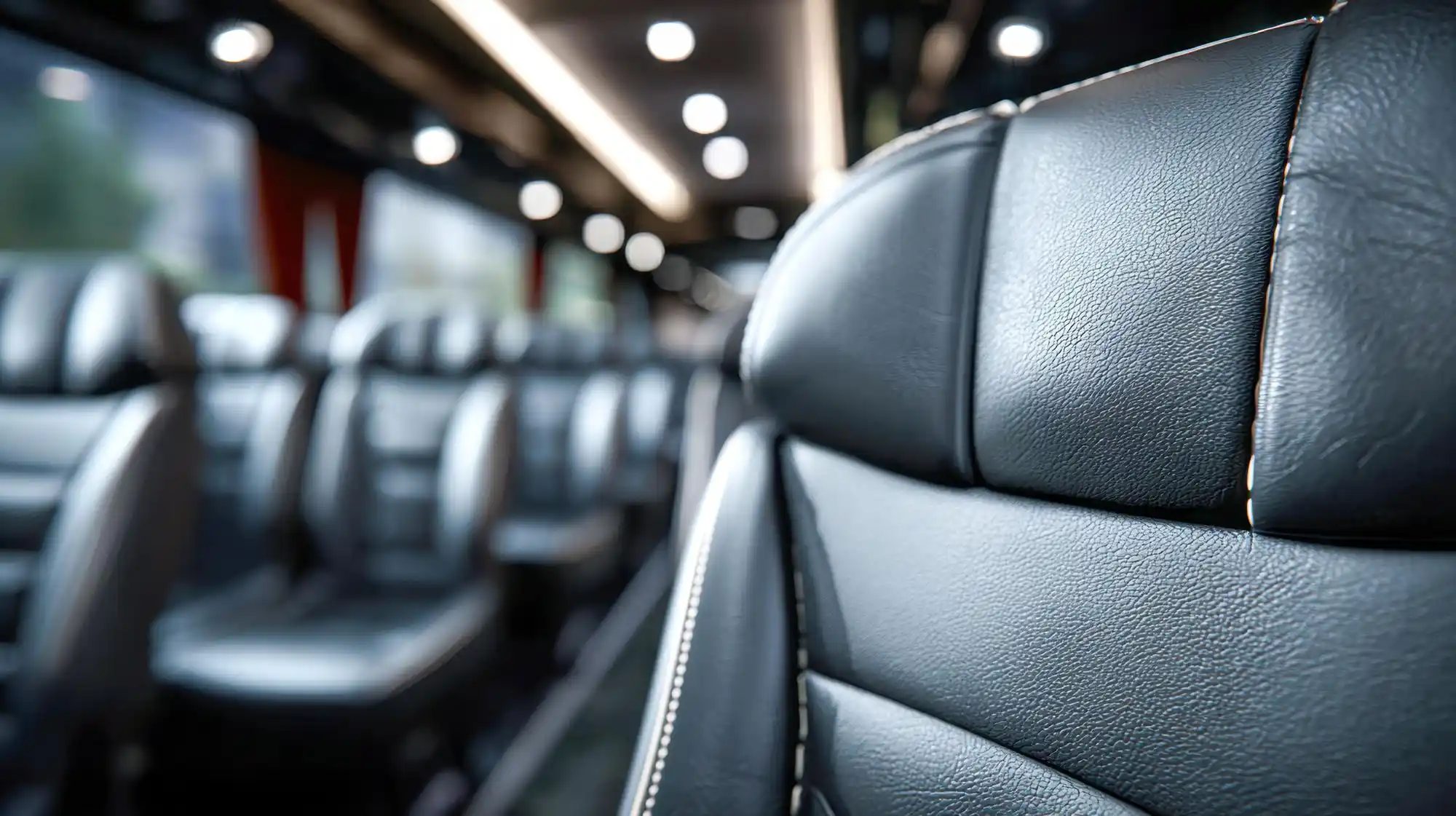polished executive shuttle bus interior with leather seating, soft ambient lighting, overhead storage, business travelers reviewing meeting notes and laptops while crossing Seat...