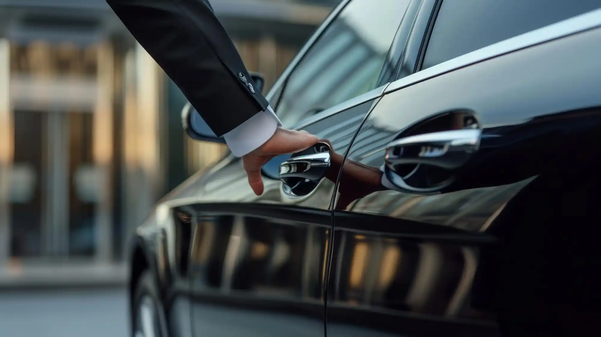 professionally dressed chauffeur opening rear door of a black luxury sedan for corporate travelers outside a Bellevue conference center, crisp overcast Pacific Northwest lighting