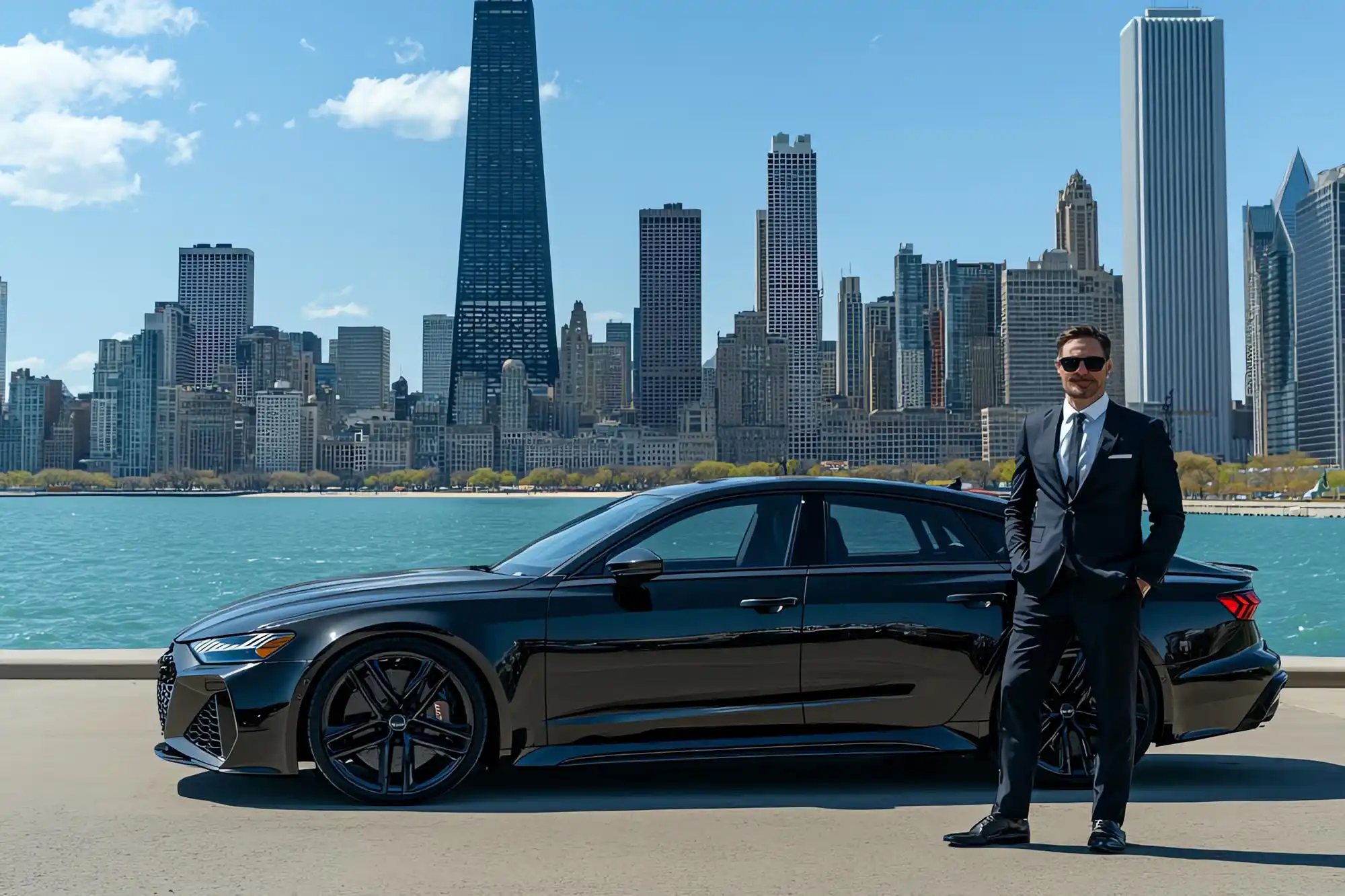 sleek black luxury sedan and executive SUV lined up outside a waterfront Seattle hotel at dusk, city lights reflecting on pavement, elegant corporate event arrival scene
