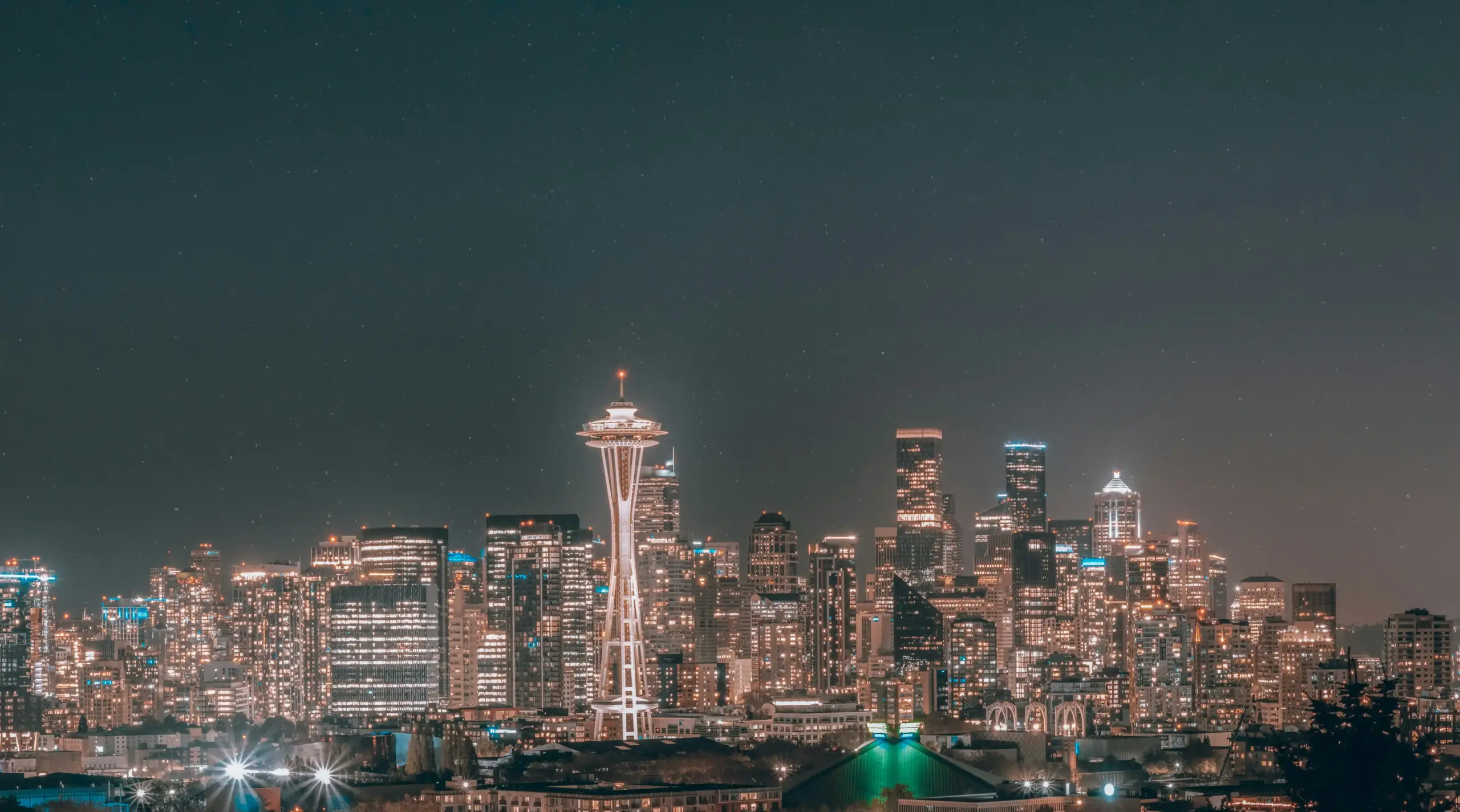 nighttime Seattle skyline with illuminated highways leading toward SeaTac, executive traveler in coat entering chauffeured sedan with luggage