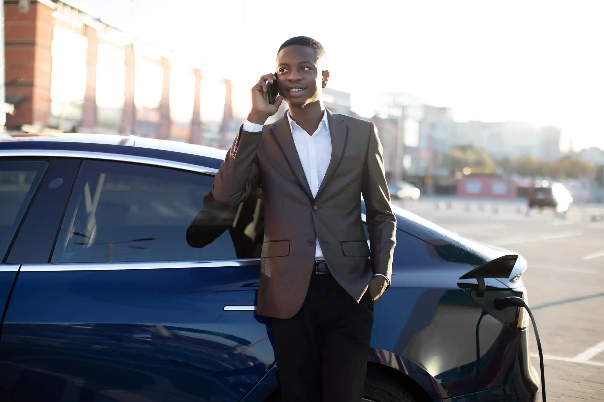 split-scene comparison of a crowded rideshare pickup zone at SeaTac with confused travelers on one side and a polished black town car with a waiting chauffeur on the other, over...