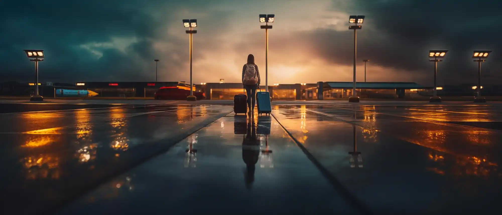 nighttime SeaTac Airport arrival scene with black SUV at illuminated curb, rain-slick pavement reflecting terminal lights, traveler in business attire entering vehicle with carr...