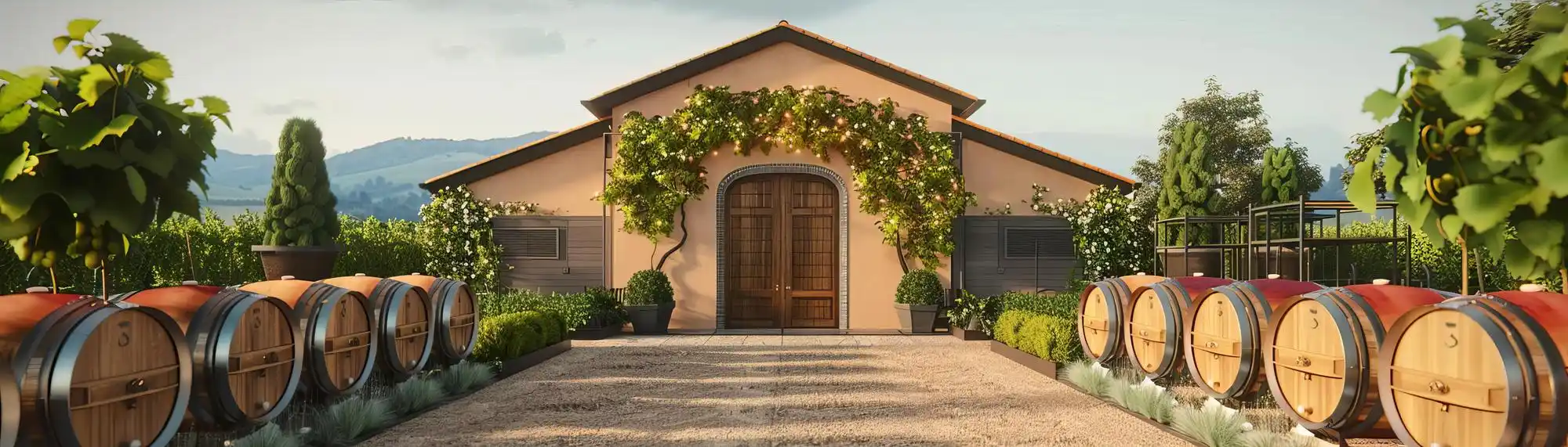 black luxury town car arriving at an elegant Woodinville winery entrance on a sunny afternoon, vineyard rows in the background, couples dressed for wine tasting