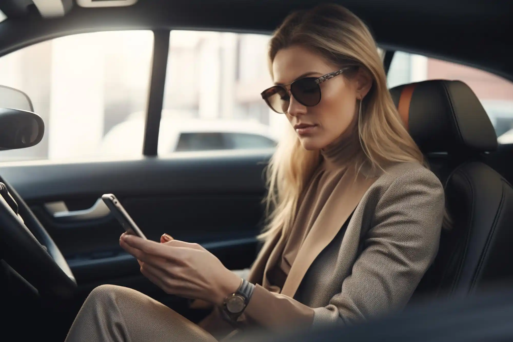 close-up of a printed Woodinville winery itinerary on a leather car seat beside a smartphone, sunglasses, tasting reservation confirmations, and a glass of sparkling water