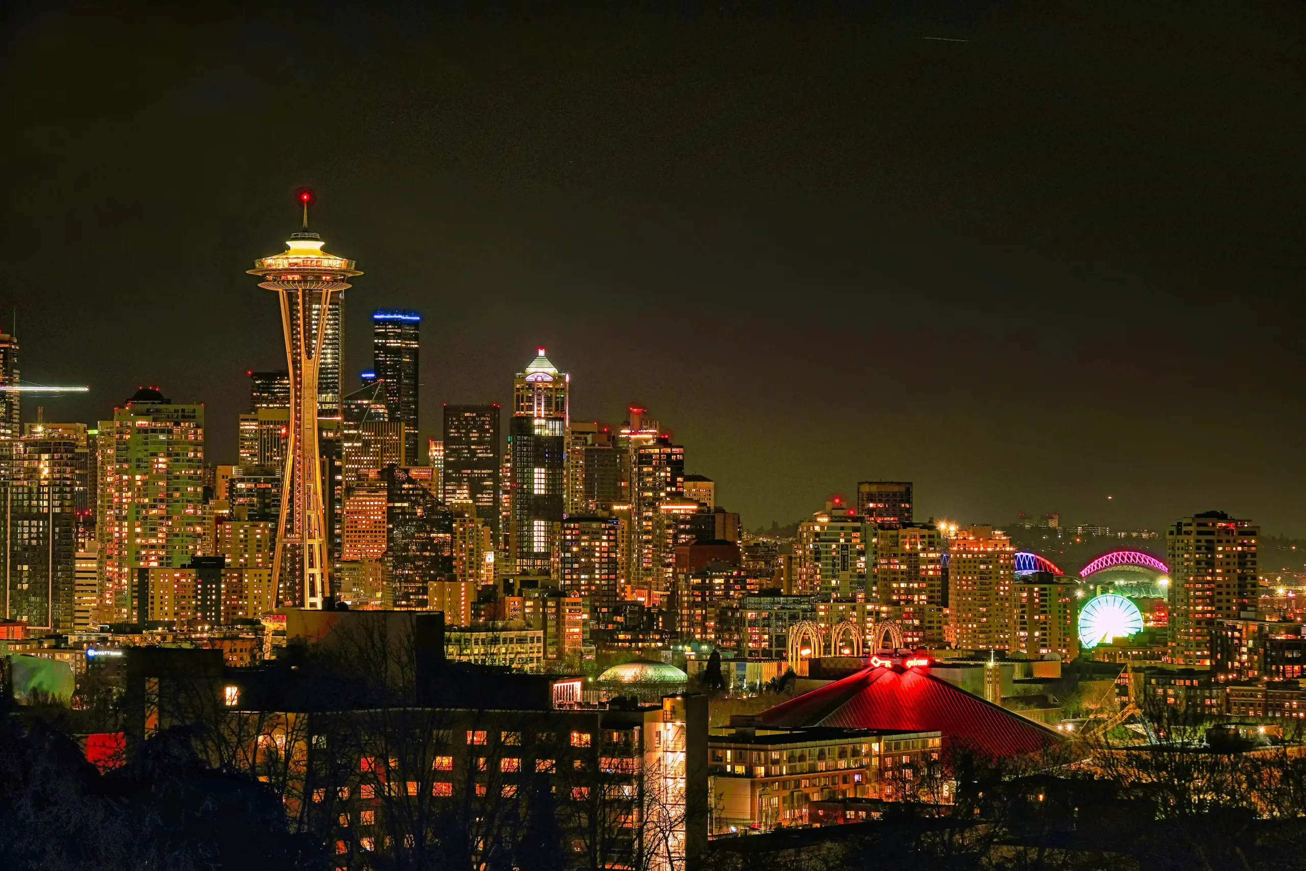 black stretch limousine parked curbside in downtown Seattle with Space Needle in background at dusk, realistic city traffic, glossy vehicle reflections